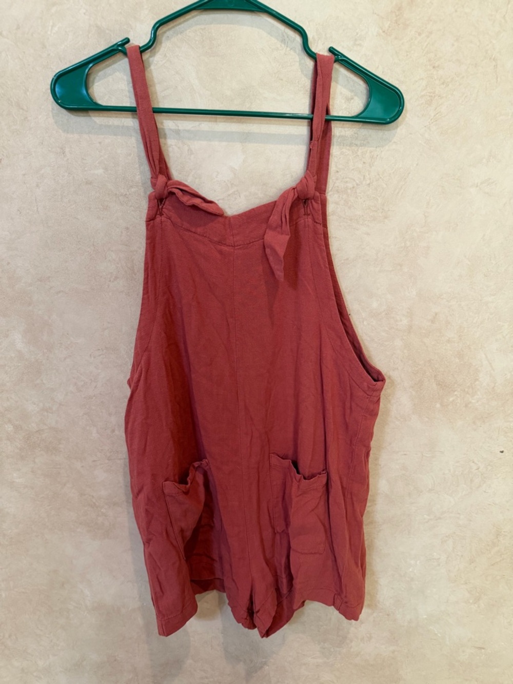 dee elly Tie-Shoulder tank Romper in Dusty coral Rose medium linen feel summer